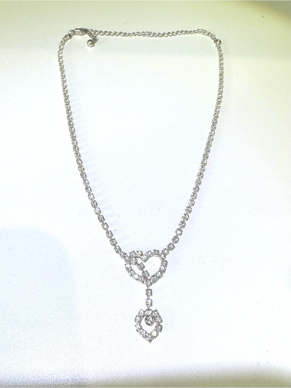 Silver Crystal Heart Drop Necklace - Sparkling Silver Tone
